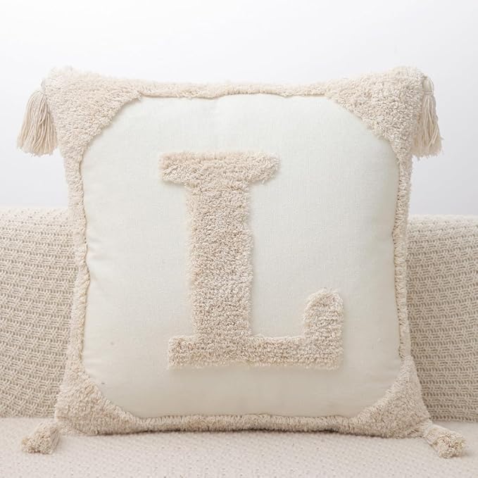 Monogram Pillow Covers with Tassels 18”x18” Modern Cotton Canvas Tufted Alphabet L Throw Pillow Covers for Sofa Couch Bed 26 English Letters Decorative Pillow Case for Sofa Throw Pillows