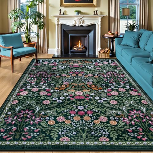 Area Rugs 9x12 Living Room: Floral Washable Rug Vintage Large Soft Boho Non-Slip Carpet Indoor Floor Stain Resistant Low Pile Carpets for Bedroom Dining Room Farmhouse Nursery Home Office Dark Green - color: Dark Green, size: 9' x 12' (Rectangular)