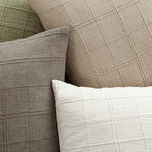 Foindtower Set of 1 Decorative Linen Check Throw Pillow Cover Neutral Farmhouse Vintage Cushion Cover Modern Coastal Boho Home Decor for Sofa Chair Couch Bedroom Living Room,16×16 Inch,Camel - color: Camel, size: 16" x 16" (Pack of 1)