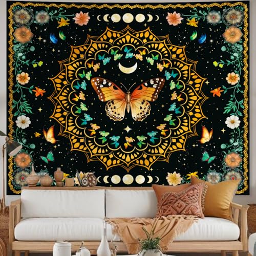Apdidl Boho Mandala Butterfly Floral Tapestry for Bedroom, Hippie Moon Ceiling Colorful Plant Flower Tapestries Aesthetic, Bohemia Vintage Orange Moth Botanical Wall Hanging for Living Room 51" X 60" - color: Mandala Butterfly Tapestry, size: 60"L x 51"W