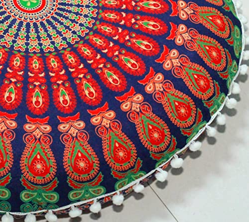 CRAFT KALA Mandala Floor Pillow Cushion Cover Seating Throw Cover Hippie Decorative Bohemian Ottoman Poufs Pom Pom Pillow Cases Boho Indian Cotton Living Room Yoga Home Décor 24" Round, Multi Peacock - color: Multi Peacock, size: 24" x 24" (Pack of 1)