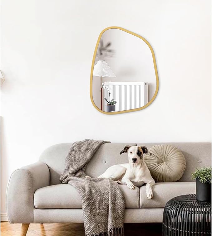 Gold Asymmetrical Mirror Large 20"x16" Irregular Oval Wall Mirror Modern Wood Frame Unique Shape Wall Mounted Vanity Artistic Mirror Decorative for Living Room Bedroom Bathroom Entryway