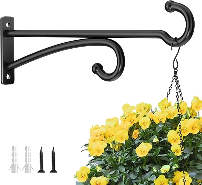 12" Plant Hanger Hook Outdoor Indoor – Planter Hooks for Hanging Plants, Plant Wall Hooks, Brackets for Hanging Plants, Baskets, Wind Chimes, Bird Feeders, Lanterns, Bird Houses (Black, Metal, 2-Pack)