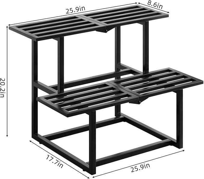 Plant Stand Indoor Outdoor, Foldable Metal Plant Shelf for Multiple Pots, Mid Century Slatted Bench for Patio Garden, Heavy Duty Capacity 330 lbs 2 Tier Black