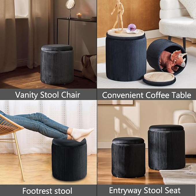 Round Ottoman with Storage Set of 2-Upholstered Velvet Vanity Stool for Makeup Multifunctional Ottomans Coffee Table Padded Seat Foot Rest for Living Room&Bedroom (Black-Upgrade Taray Lid)