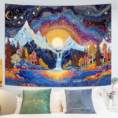 Lunerfex Starry Mountain Waterfall Sunrise Wall Tapestry, Trippy Cosmic Landscape Tapestries for Room Decor, Vibrant Tapestry 80x60 Inch - color: Vibrant Gold Blue, size: 80"L x 60"W