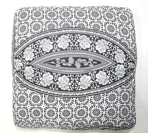 INDIAN CRAFT CASTLE Mandala Mandala Barmeri Large Floor Pillow Cover Cushion Meditation Seating Ottoman Throw Cover Hippie Decorative Zipped Bohemian Pouf Ottoman Cases (Black and White, 16" Square) - color: Black and White, size: 16"D x 16"W x 5"H