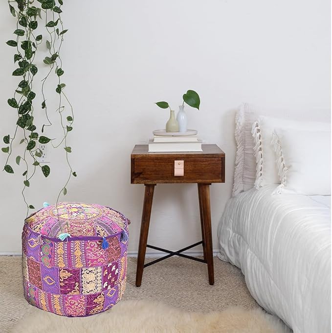 Aakriti Gallery Indian Pouf Footstool Ethnic Embroidered Pouf Cover, Indian Cotton Round Pouffe Ottoman Pouf Cover Pillow Ethnic Decor Art - Cover Only (Purple, 22x14)