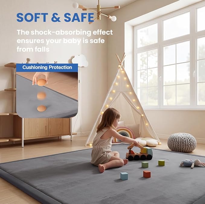 Ultra Soft Baby Play Mat for Floor,1.3" Thick Elasti-Foam 50x50 Playpen Mat for Toddlers Infant kids,Non-Slip Backing Safe for Crawling&Tummy Time,Tatami Style (Dark Grey)