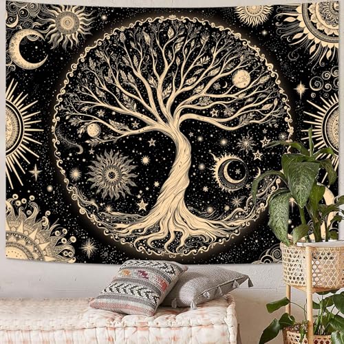 Spenlife Tree of Life Tapestry Sun and Moon Tree Wall Tapestry, Vintage Tapestries for Bedroom Mandala Tapestries Wall Hanging for Bedroom Living Room Decor Tree-1 44"x60" - color: Dark Green, size: 60"L x 44"W