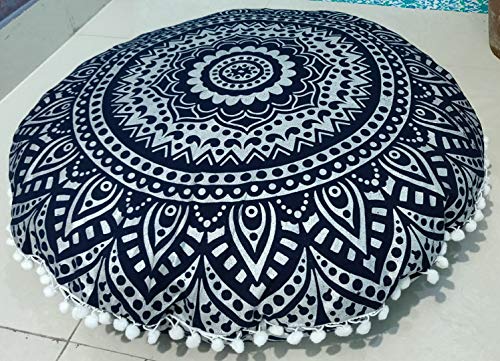 INDIAN CRAFT CASTLE 24" Blue Silver Mandala Barmeri Large Floor Pillow Cover Cushion Meditation Seating Ottoman Throw Cover Hippie Decorative Zipped Bohemian Pouf Ottoman Pom Pom Cases 24" Round - color: Blue Silver, style: 24 Inch Round