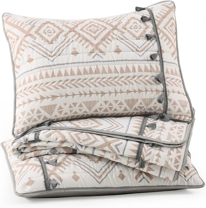 HORIMOTE HOME Boho Style Beige Twin Quilt Set with Tassle, Soft and Lightweight Bedspread for All Season, Twin Size Bed Coverlet with 1 Matching Pillow Sham (2 Pieces)