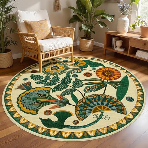 Joydeco Egypt Floral Boho Round Rugs 6FT, Washable Circle Area Rug for Bedroom Living Room Playroom, Vintage Beige Non Slip Circular Throw Carpet for Nursery Dorm Classroom Dining Room - color: Beige, size: 6' (Round)