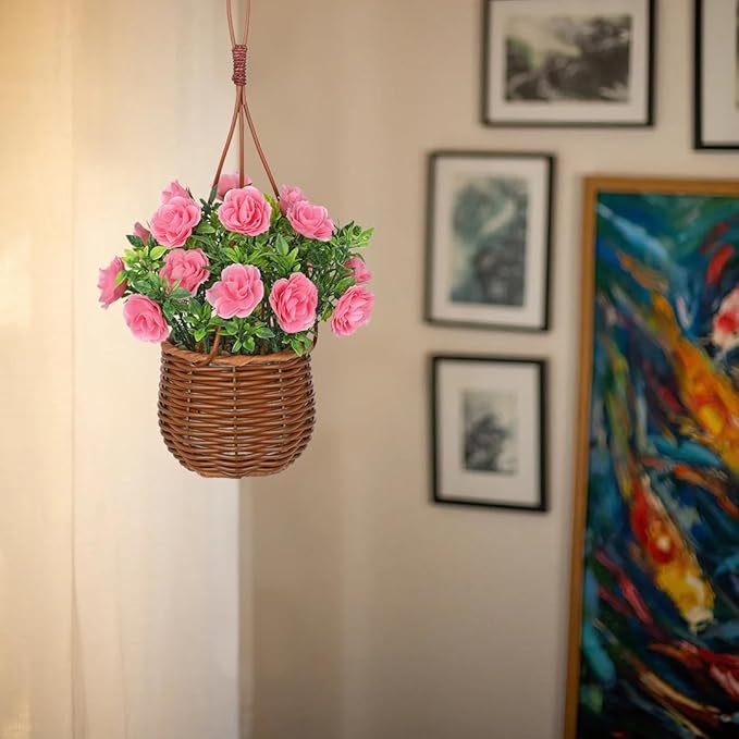 Artificial Rose Flowers with Hanging Woven Basket, Faux Blooming Roses in Fake Rattan Planter with Rope, Romantic Floral Arrangement for Home Wall Porch Patio Balcony Summer Wedding Decor, Light Pink
