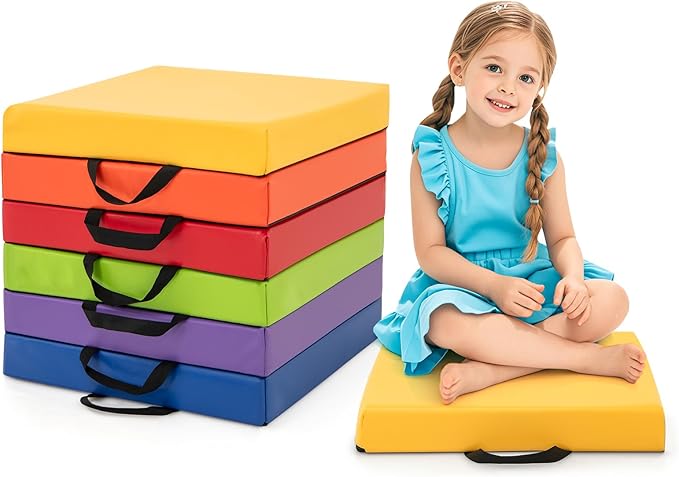 HONEY JOY 6PCS Floor Cushions for Kids, 16" Length Flexible Alternative Portable Classroom Seating with Handles, Easy to Clean, Thick Soft Foam Comfy Square Seats for Daycare Preschool, Colorful
