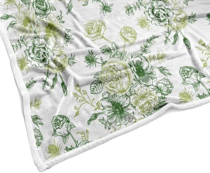 Green Floral Throw Blanket, Soft Flannel, Warm, Boho Floral Bed Blanket, All Season, 50X60 Inch