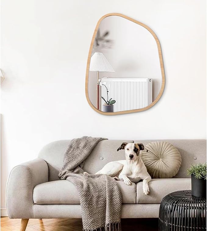 Irregular Bathroom Mirror Modern Wall Mirror Asymmetrical Wooden Framed Wall Mirror Unique Shape Wall Mounted Vanity Artistic Mirror Decor for Living Room Bedroom Entryway Large 26"x18"