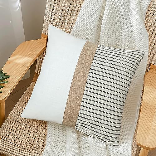 JASEN Farmhouse Pillow Covers 18x18, Modern Accent Square Throw Pillow Covers Set of 2, Black and Beige Striped Patchwork Decorative Pillow Case for Sofa Couch Chair Bedroom - color: Black, size: 18" x 18" (Pack of 2)
