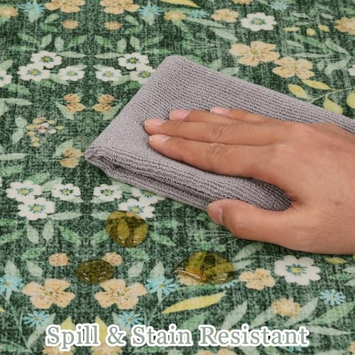 Area Rug for Living Room Ultra Thin Washable Floral Area Rug Non-Slip Boho Flower Carpet - Soft Indoor Throw Rug for Girls Room, Nursery, Playroom - color: Green, size: 9' x 12' (Rectangular)