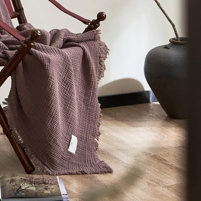 100% Cotton 4-Layer Muslin Blanket with Fringes, 80"x90", Dusty Mauve Bed Blanket, Ultra-Soft Gauze Boho Bedding for All Seasons, Breathable for Couch, Bed(Dusty Mauve,Queen)