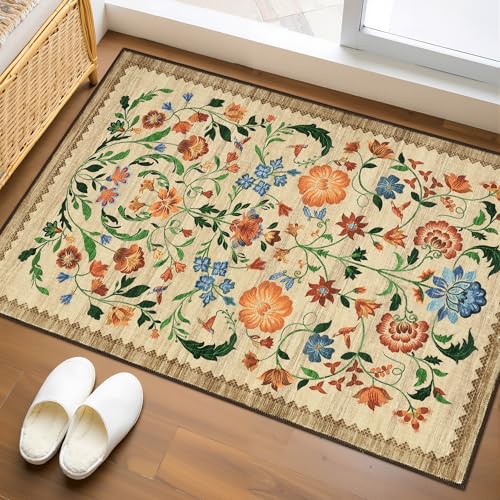 GarveeHome Floral Rug for Entryway 2x3 Rugs Machine Washable Boho Small Area Rug Non-Slip Low-Pile Front Door Soft Mat for Entrance, Bedroom, Kitchen, Laundry, Bathroom, Beige - color: C Brown, size: 2' x 3' (Rectangular)