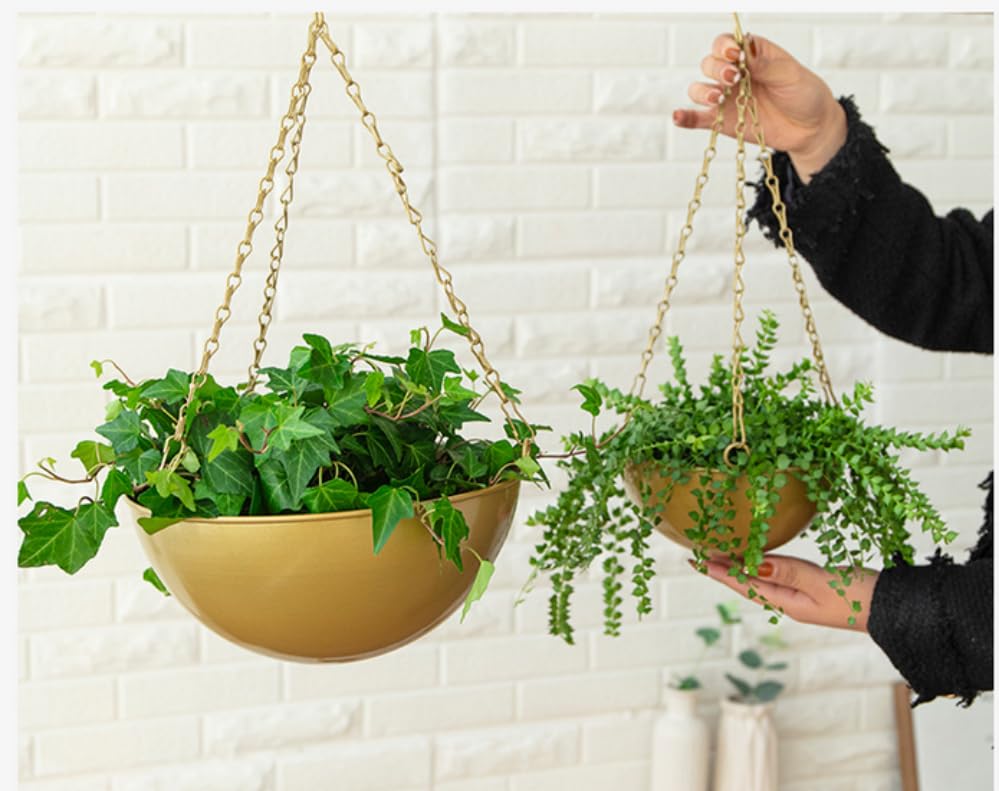 Set of 1 Metal Hanging Planters for Indoor Outdoor Plants, 10" Round Hanging Baskets Large Flower Pots with Chain,Gold Basket for Plant No Holes,Modern Storage Baskets for Garden Home Porch Decor - color: Gold