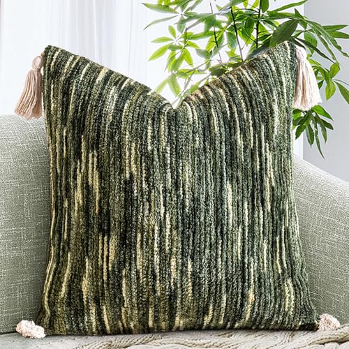 AmHoo Boho Throw Pillow Cover Decorative Bohemian Woven Tufted Striped Farmhouse with Tassels Textured Cushion Case Pillowcase Neutral for Sofa Couch Bed 18 x 18-Inch Sage Green - color: Sage Green, size: 18" x 18" (Pack of 1)