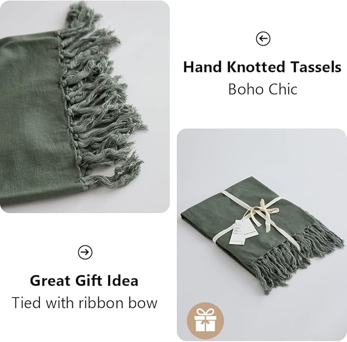 Simple&Opulence Boho Linen Throw Blanket for Bed, Couch, 50”x70” Pre-Washed Fringed Vintage Decorative Woven Blanket with Tassels, Breathable Durable Cozy Farmhouse Decor for All Seasons(Olive Green)