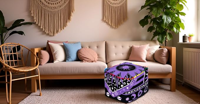 CRAFT KALA Large Hippie Mandala Meditation Floor Ottoman Pillow Cushion Pouf Cover Square Poufs Cover Bohemian Circle Floor Cushion Cover Outdoor Living Room Decor 18X18X14 inches, Purple Burning Sun