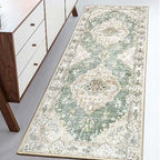 MUJOO Hallway Runner Rug - Machine Washable Non Slip Boho Green Runner for Hallways, Entryway, Kitchen, Bathroom, Bedside - Retro Soft Low-Pile 2'x6' Blossom. - color: Green, size: 2' x 6' (Rectangular)