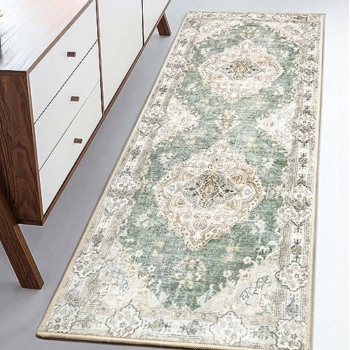 MUJOO Hallway Runner Rug - Machine Washable Non Slip Boho Green Runner for Hallways, Entryway, Kitchen, Bathroom, Bedside - Retro Soft Low-Pile 2'x6' Blossom. - color: Green, size: 2' x 6' (Rectangular)