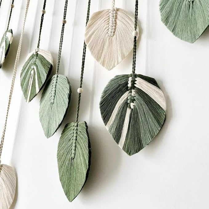 M MANUAL Macrame Leaves Wall Hanging 47.3x29.5Inch Large Chic Feather Boho Macrame Wall Decor Leaf Hanging Photo Display Handmade Woven Wall Art 16pcs Leaf Tapestry - Green