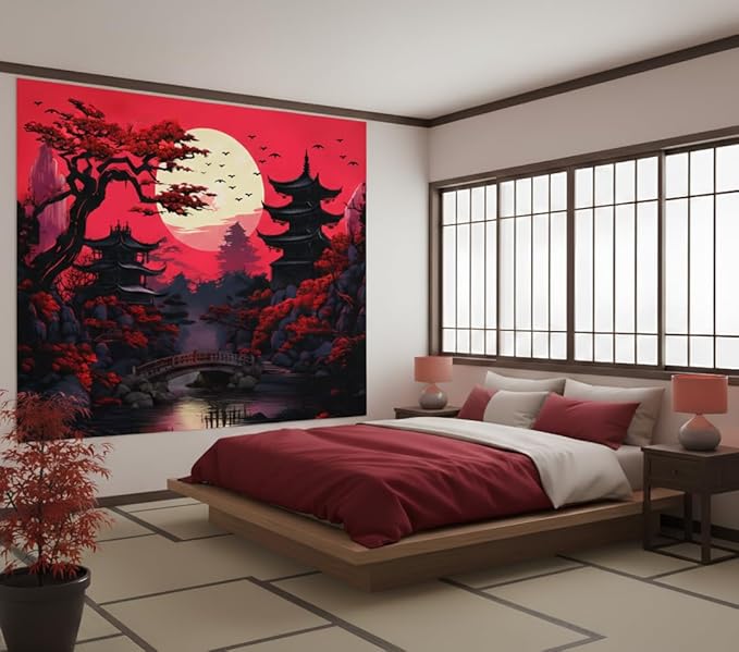 Atrippy Extra Large Anime Wall Tapestry for Bedroom Aesthetic, Black Red Japanese Forest Moon Wall Art Decor Tapestries Wall Hanging, Vintage Dark Nature Mountain Landscape Backdrop for Living Room 71"X90"
