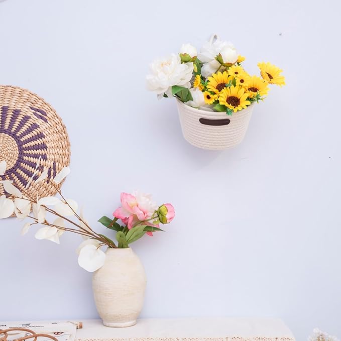 JJSQ 2pack Hanging Baskets Small Wall Hanging Storage Basket Round Woven Rope Wall Oganzier Decor for Flower Plants, Key Storage White 7.8 x 7 inches
