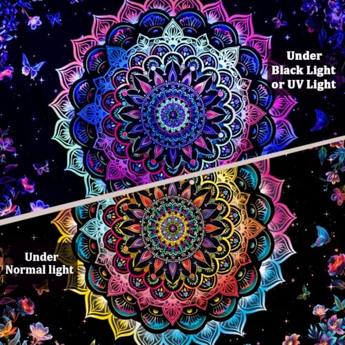 Heopapin Blacklight Tapestry Trippy Galaxy Mandala Tapestries UV Reactive Butterflies Flower Wall Hanging Tapestry for Bedroom Living Room 92.5L x 70.8W - size: 92.5L" x 70.8W"