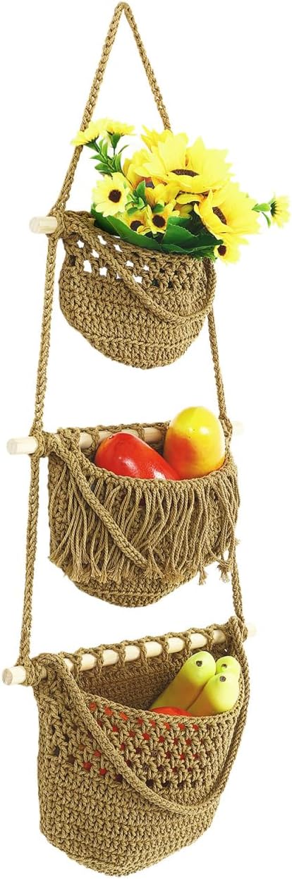 Cabilock 3 Tier Hanging Fruit Basket for Kitchen - Boho Macrame Woven Wall Storage for Onion and Potato, Space-Saving Cotton Rope Produce Organizer for Pantry & Bathroom