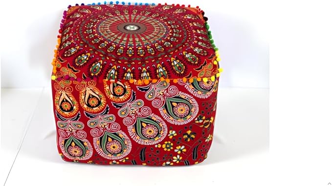 CRAFT KALA Large Hippie Mandala Meditation Floor Ottoman Pillow Cushion Pouf Cover Square Poufs Cover Bohemian Circle Floor Cushion Case Outdoor Fireplace Living Room Decor 22X22X14 inches, Red Mirchi