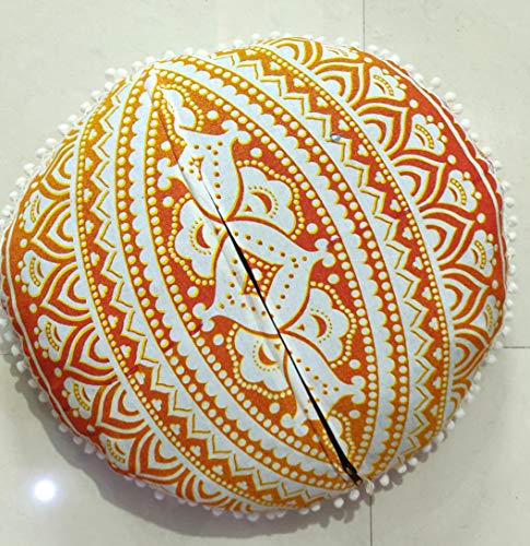 CRAFT KALA Mandala Floor Pillow Cushion Cover Seating Throw Cover Hippie Decorative Bohemian Ottoman Poufs Pom Pom Pillow Cases Boho Indian Cotton Living Room Yoga Home Décor (24" Round, Yellow Ombre) - color: Yellow Ombre, size: 24" x 24" (Pack of 1)