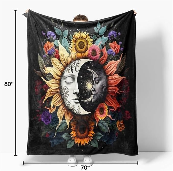 Celestial Sun Moon Flannel Blanket Boho Mid Century Day and Night Throw Blanket Farmhouse Colorfl Sunflower Throw Blanket Bed Blanket Yellow Flowers Plush Blanket for Bedroom Decor 70"x80"