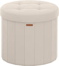 SONGMICS Mazie Collection - Round Storage Ottoman, Folding Footrest Stool with Removable Lid, Easy Assembly, Velvet Vanity Stool for Bedroom, Living Room, Entryway, Cappuccino Beige ULSF608L01