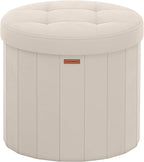 SONGMICS Mazie Collection - Round Storage Ottoman, Folding Footrest Stool with Removable Lid, Easy Assembly, Velvet Vanity Stool for Bedroom, Living Room, Entryway, Cappuccino Beige ULSF608L01