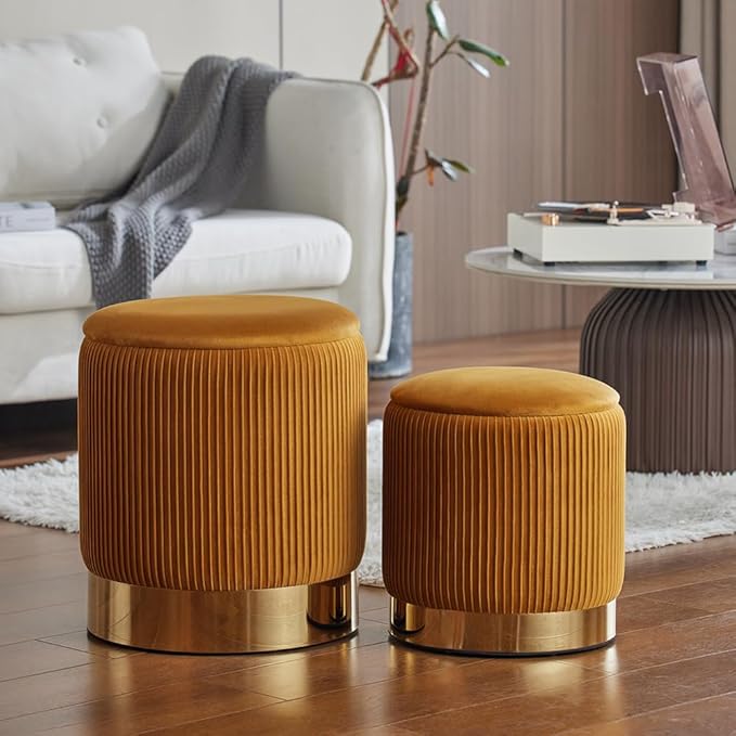 Round Ottoman with Storage Set of 2 Upholstered Velvet Vanity Stool for Living Room Storage Ottoman Multifunctional Foot Rest for Bedroom (Orange)