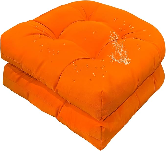 Gnostik Outdoor Chair Cushions 2 Pack, Orange Water-Repellent Thick Tufted Patio Seat Cushion Wicker Seat Cushions for Outdoor Indoor Garden Patio Furniture, 18.6"X18.6"