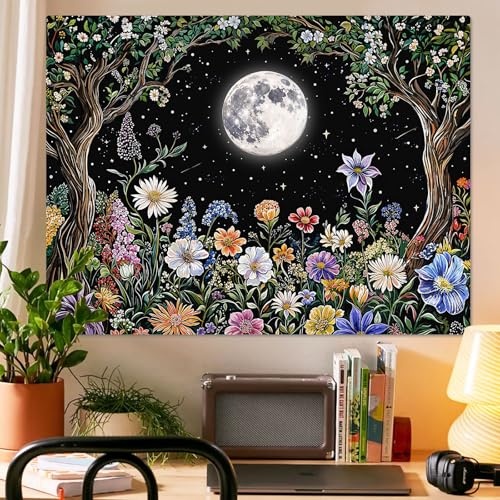 Kanuyee Boho Moon Tapestry Colorful Floral Wall Tapestry, Cute tapestries for Bedroom Ceiling Tapestries Wall Hanging for Bedroom Living Room Decor Moon-1 60"x80" - color: Snow White, size: 80"L x 60"W