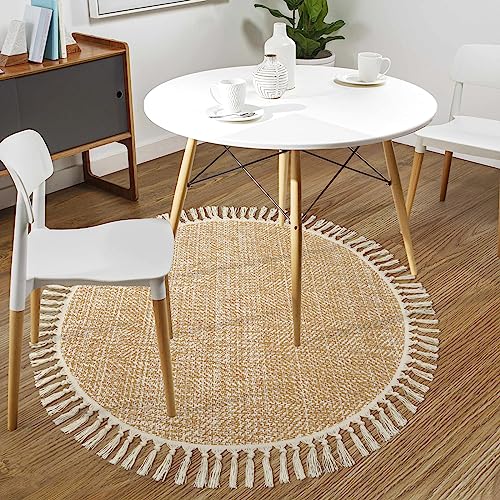 Collive Hand Woven Round Area Rug Soft Cotton Machine Washable Carpet 4ft Farmhouse Rugs with Tassels, Tan/Cream Circle Rugs for Bedroom Living Room Dining Room Table Office - color: Tan/Cream, size: 4' (Round)