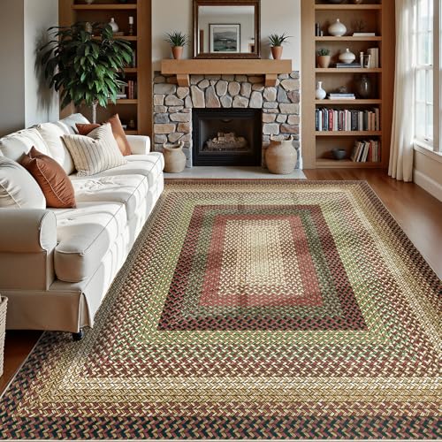 Ileading Faux Braided Large Area Rug 9'x12' Washable Farmhouse, No-Shed Non-Slip Woven Carpet, Pet Friendly Stain Resistant Jute Style Rug for Living Room Dining Bedroom - color: Multi Color-red, size: 9' x 12'(Rectangular)