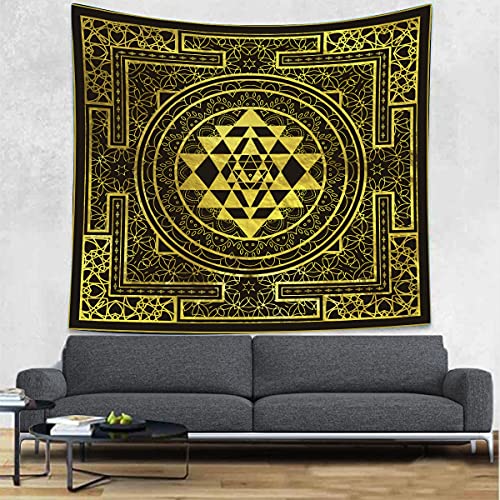 SHRAPHY Golden Sri Yantra Tapestry 60x60 Inches Mandala Sacred Geometry Decor Tapestry Yoga Meditation Spiritual Tapestries for Room Bedroom GTHYUH566