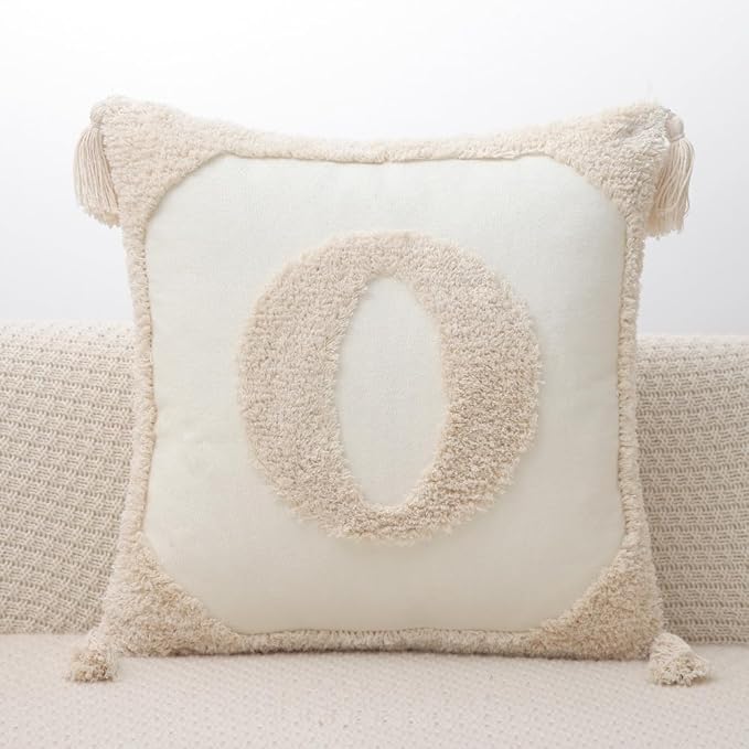 Monogram Pillow Covers with Tassels 18”x18” Modern Cotton Canvas Tufted Alphabet O Throw Pillow Covers for Sofa Couch Bed 26 English Letters Decorative Pillow Case for Sofa Throw Pillows
