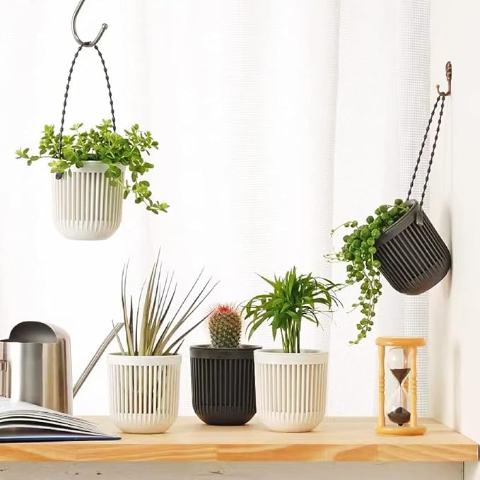 Melphoe 3.5‘’ Two-Piece Succulent Planters Pots with Drainage, Flexible Removable Handle, Flower Pots for Mini Plants, Small Hanging Planter for Wall, Window, 6 PCAK, White