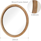 sawsile Round Wood Mirror,24 inch Circle Rustic Farmhouse Natural Wooden Frame Boho Beads Wall Mirror for Bathroom,Living Room,Bedroom or Entryway